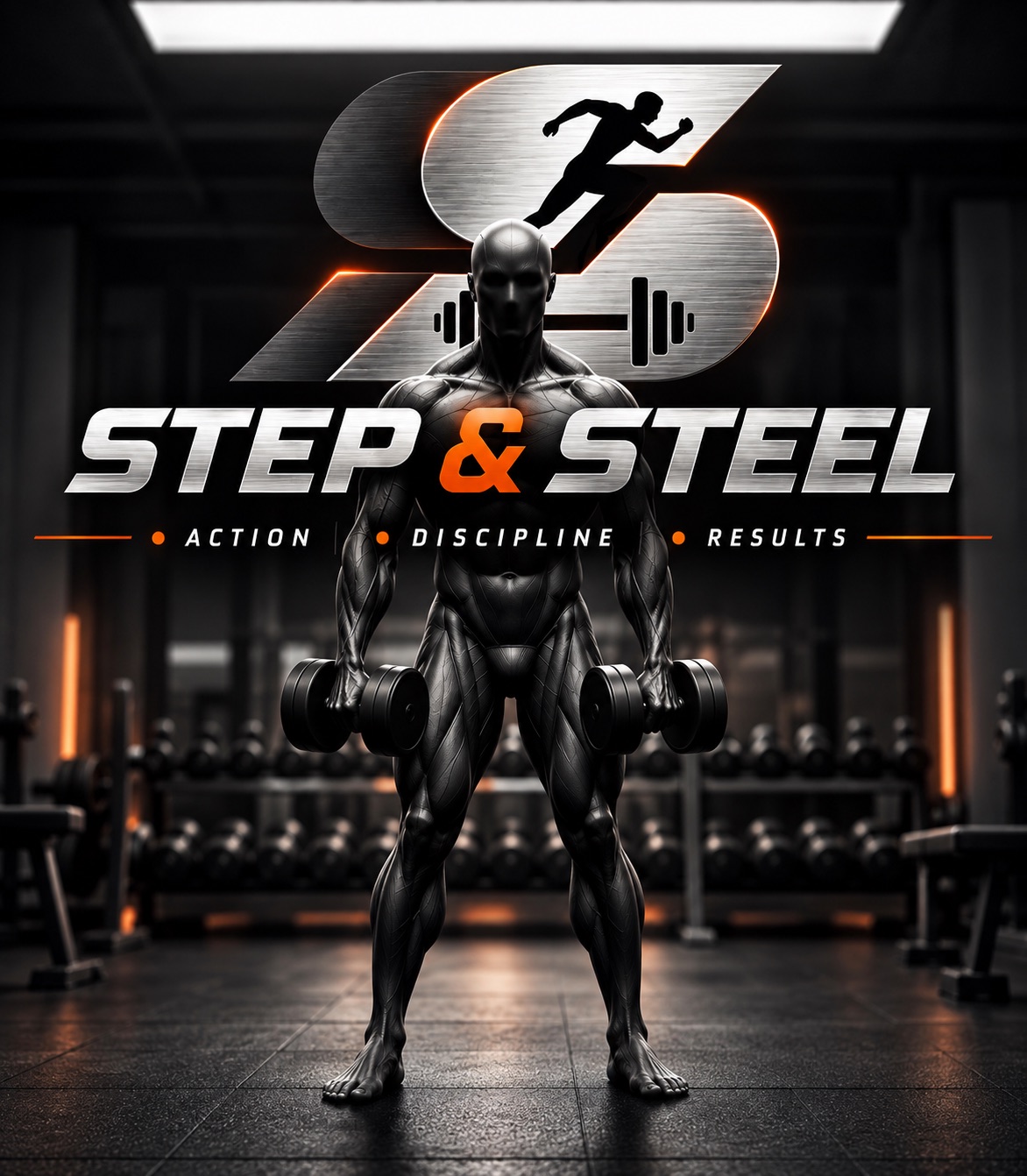 Step & Steel logo above a sculpted athlete holding dumbbells in a dark gym — Action, Discipline, Results